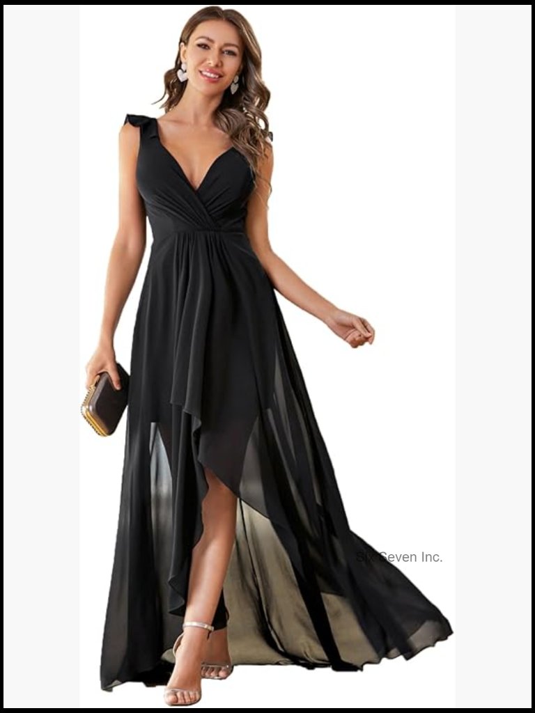 V Neck Pleat Sleeveless Chiffon Ruffled Straps High-Low Hem Maxi Formal Dress